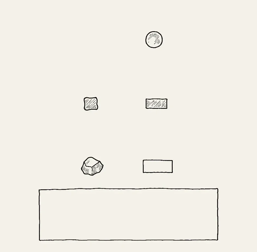 AI illustration of a sorting flow: a round shank section, an irregular four-sided section and a rectangular section, a hammered head and a rectangular head, and an empty hand-drawn box.