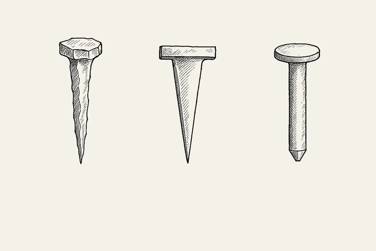 AI illustration of three nails side by side: a wrought nail with a hammered head tapering to a point, a cut nail with a rectangular head and a wedge-shaped shank, and a wire nail with a round head, a straight shank, and a short point.