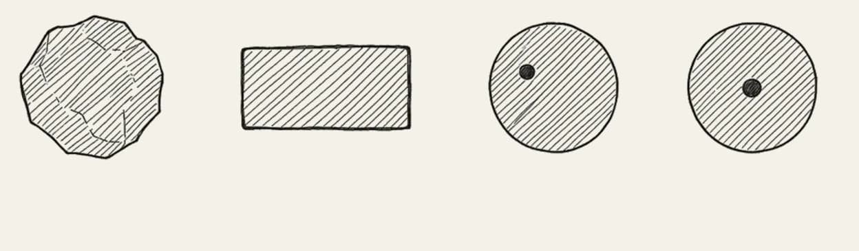 AI illustration of four nail heads from above: a lumpy four-facet rosehead, a plain rectangular cut head, an early wire head with the shank off-center, and a later wire head with the shank in the center.