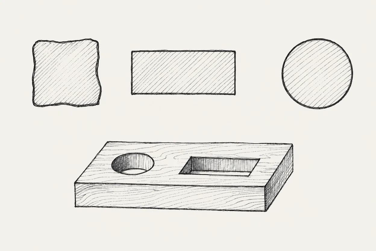 AI illustration of three shank cross-sections: an irregular four-sided wrought nail, a wide rectangle for a cut nail marked plate on the long side and shear on the short side, and a round wire nail. A wood block shows a round hole and a rectangular slot.