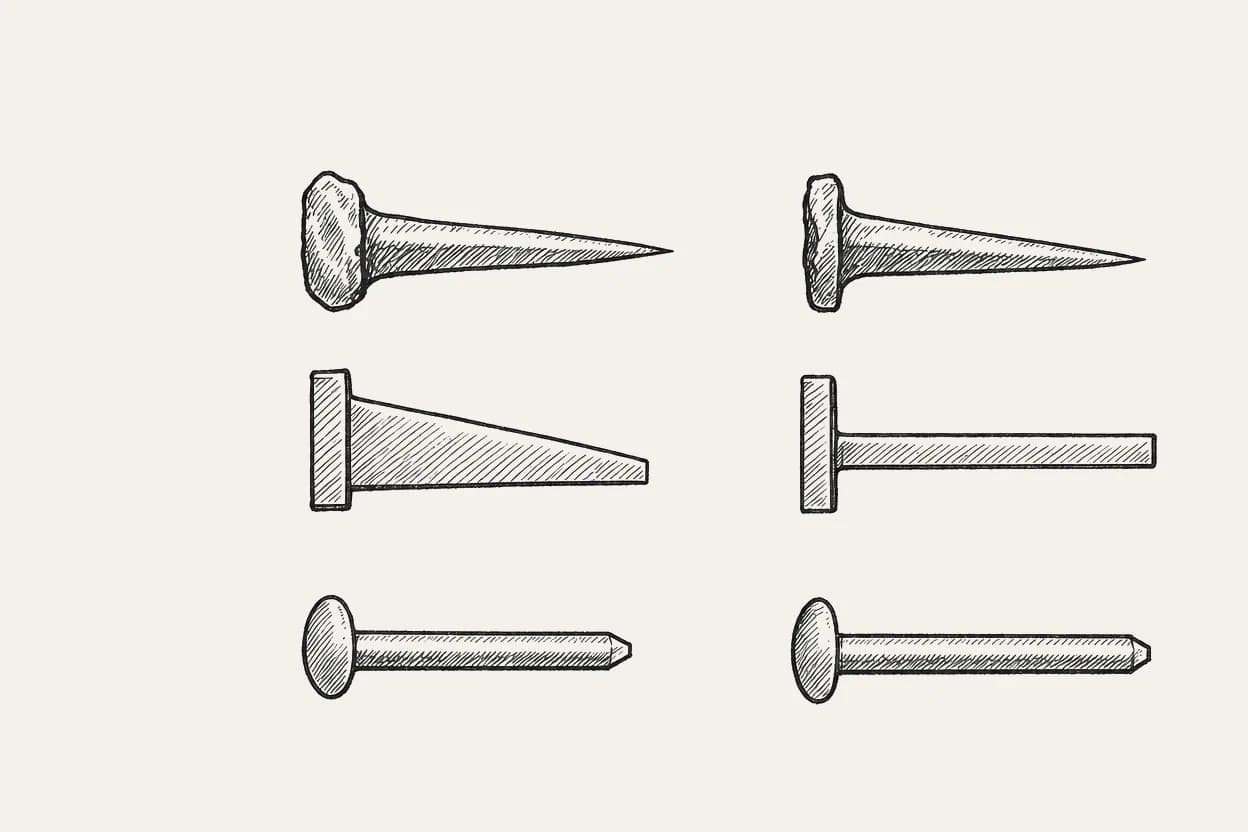 AI illustration comparing each nail from the face and from the edge. The wrought nail tapers to a point in both views. The cut nail is a wedge on the face and nearer parallel on the edge. The wire nail is straight until a short point in both views.