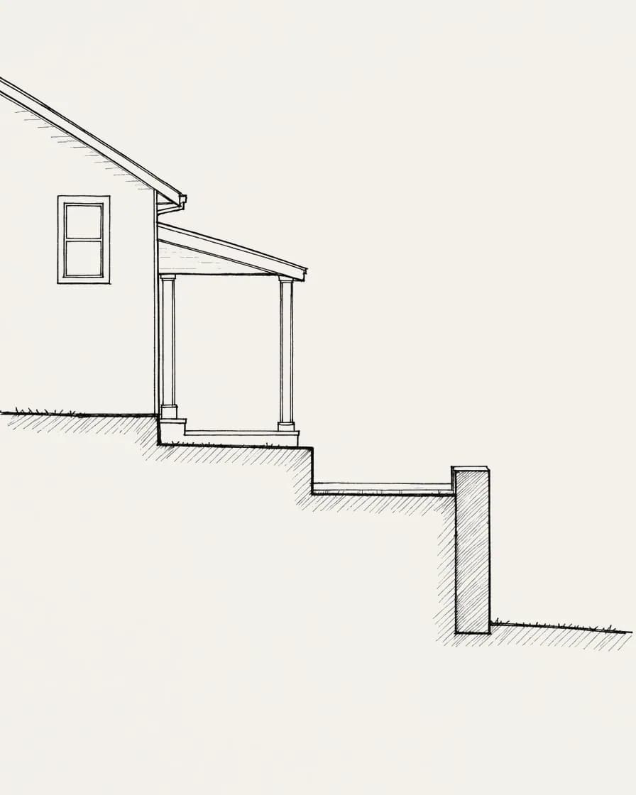 AI illustration of a side section stepping down from a house to a new porch, a new patio, a new retaining wall, and a lower lawn.