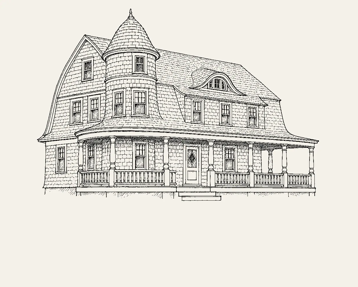 AI illustration of a generic Shingle-style house with a turret, a sweeping gambrel roof, a wraparound porch, and diamond leading in the front door. It is not a drawing of the Newton house.