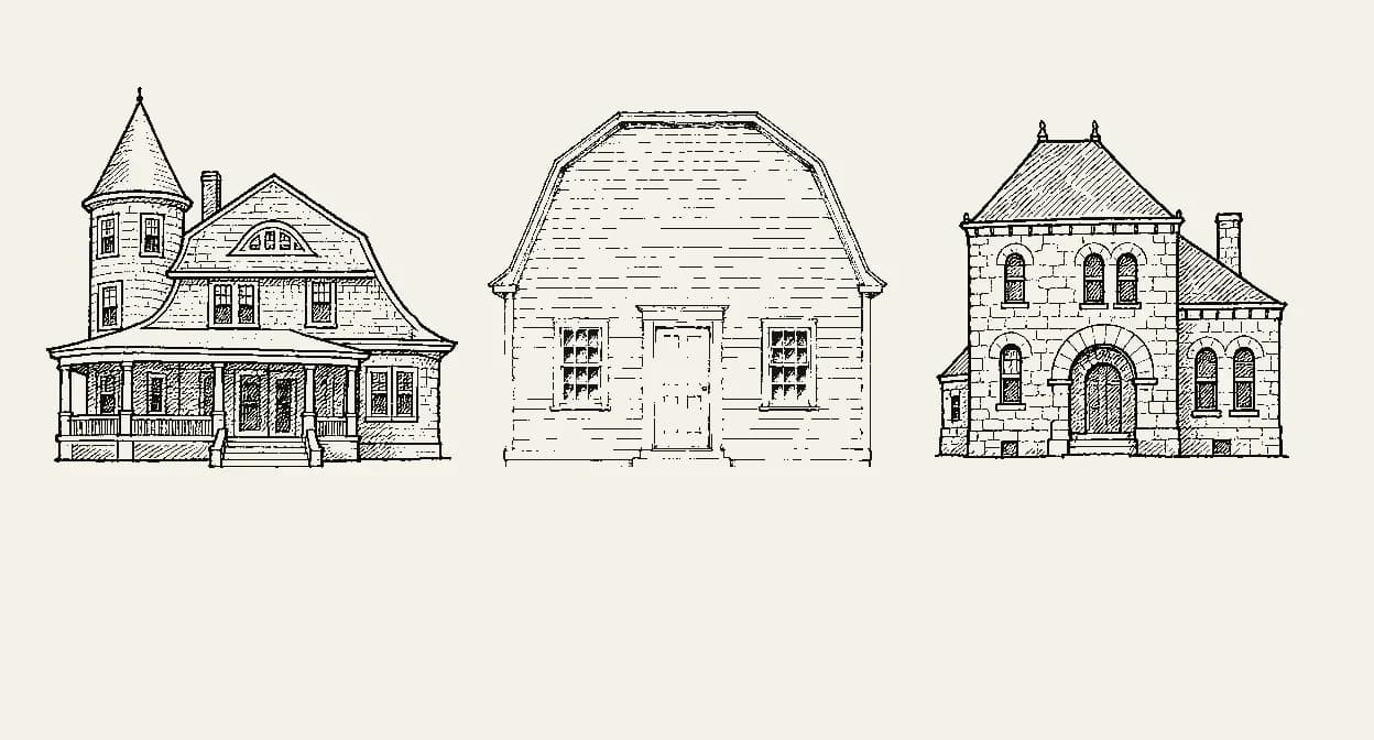 AI illustration of three separate building-type marks: a shingled house with a turret and a gambrel roof, a Dutch Colonial house seen from the gable end with vertical walls, a steep lower roof slope, and a shallower upper slope, and a stone mansion with a round-arched entry. Nothing connects them. The icons are type marks, not drawings of the houses.
