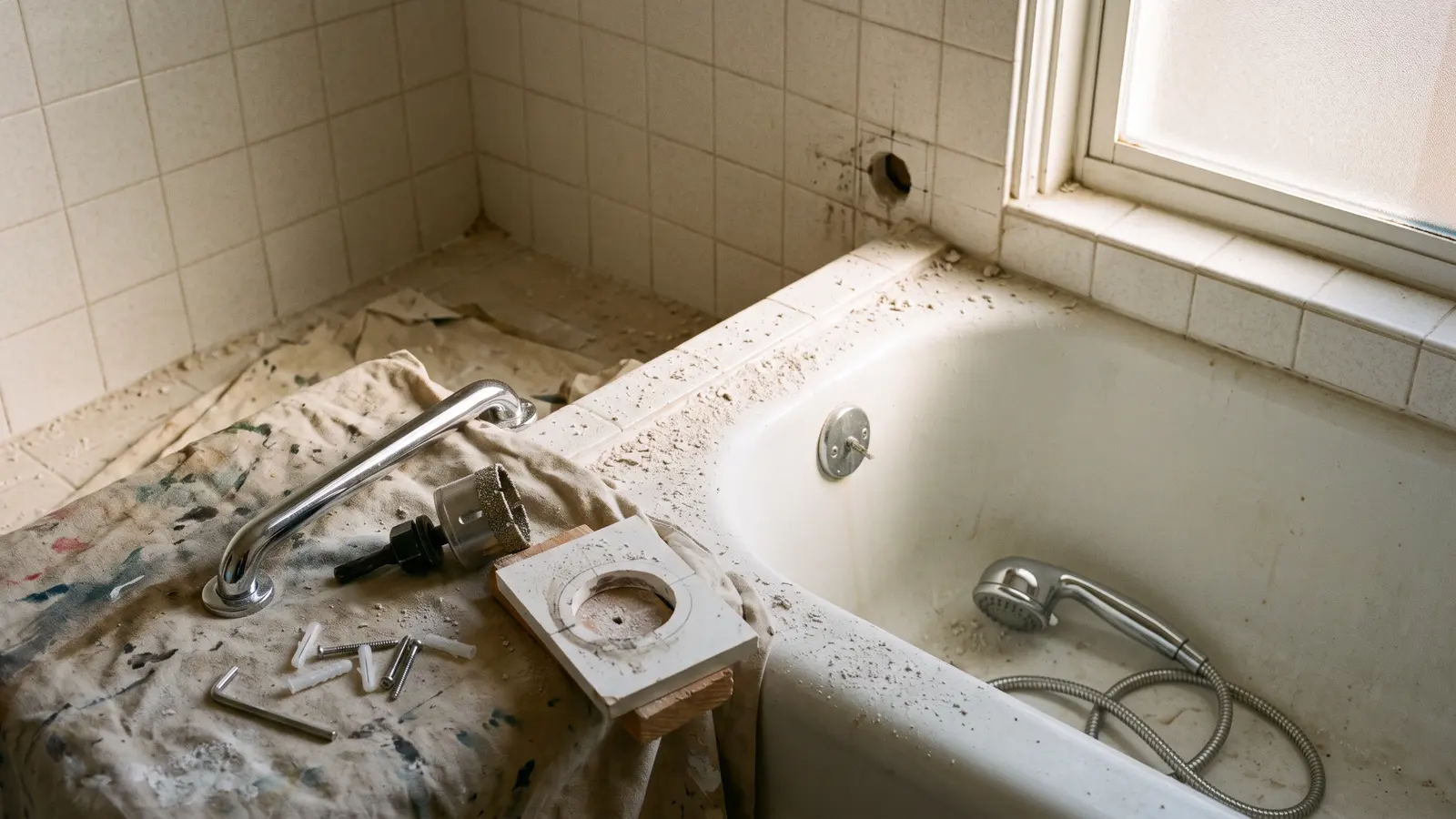 AI illustration of a vintage tiled bathroom with a cast-iron tub, a chrome grab bar, a diamond-tipped hole saw, a PVC drilling jig, and white tile dust in warm daylight
