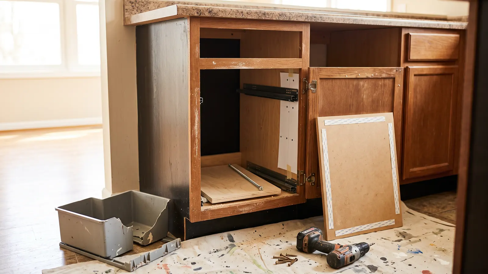 AI illustration of an open kitchen cabinet with a taped drill template, mounted slides, a taped door, and tools around the old trash pullout