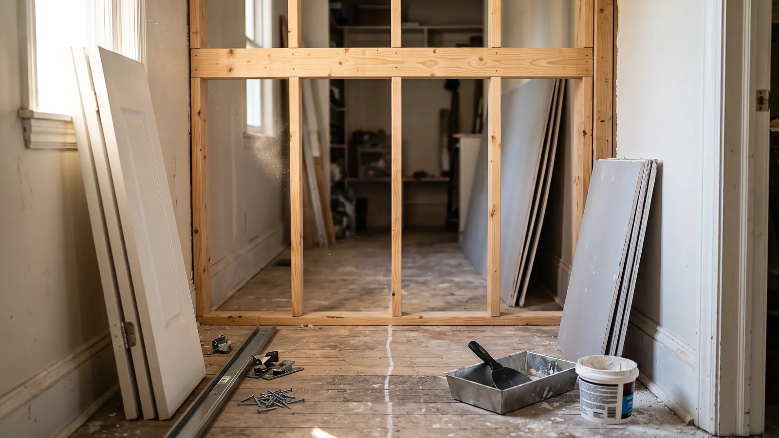 AI illustration of a mudroom laundry alcove with a framed bifold-door opening, leaning primed door panels, drywall, and joint-compound tools in warm daylight