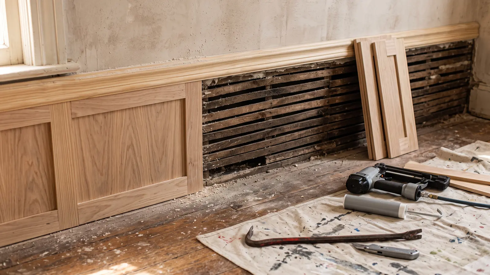 AI illustration of a dining room with partially installed flat-panel wainscoting, exposed lath, and tools resting on a drop cloth
