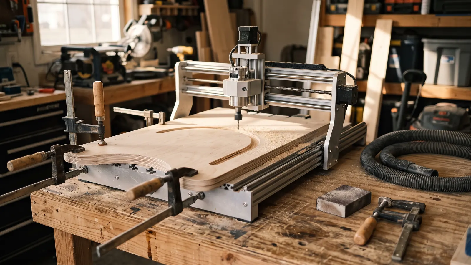 AI illustration of a garage workshop showing a curved Baltic birch step stool clamped under a paused mobile CNC router with sawdust and hand tools