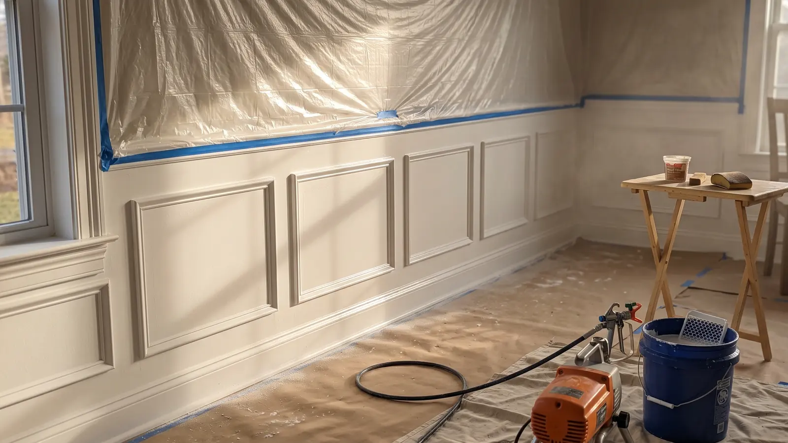 AI illustration of a dining room with masked wainscoting, an airless sprayer, primer, and sanding tools on drop cloths in warm daylight