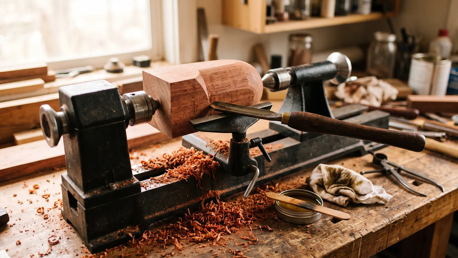 AI illustration of a woodturning lathe with a square bubinga bowl blank, shavings, and oil-and-wax finish on a workshop bench