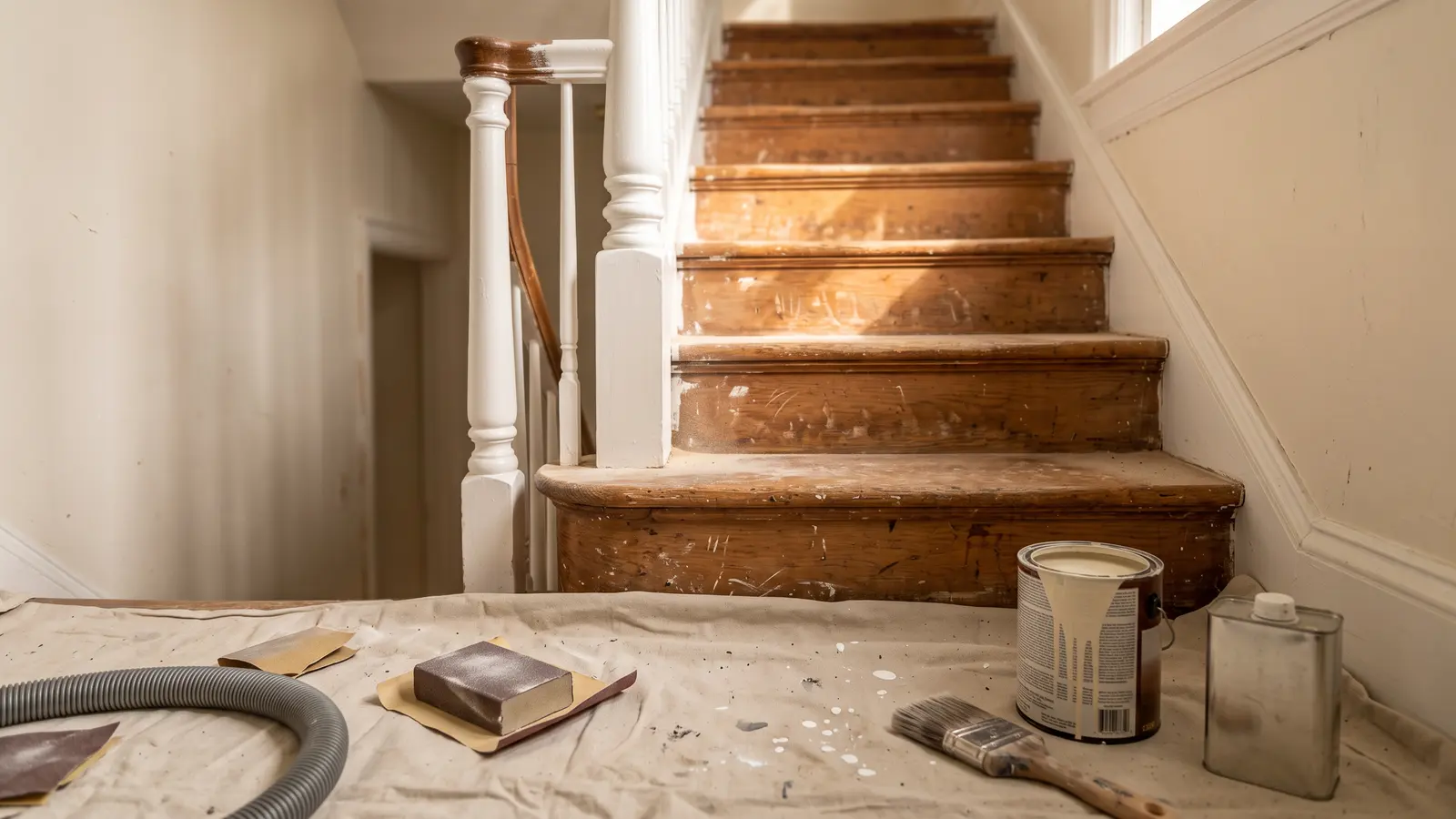 AI illustration of a mid-renovation staircase with bare scratched wood treads, sanding dust, brushes, primer, paint thinner, and a partly painted white handrail in warm daylight