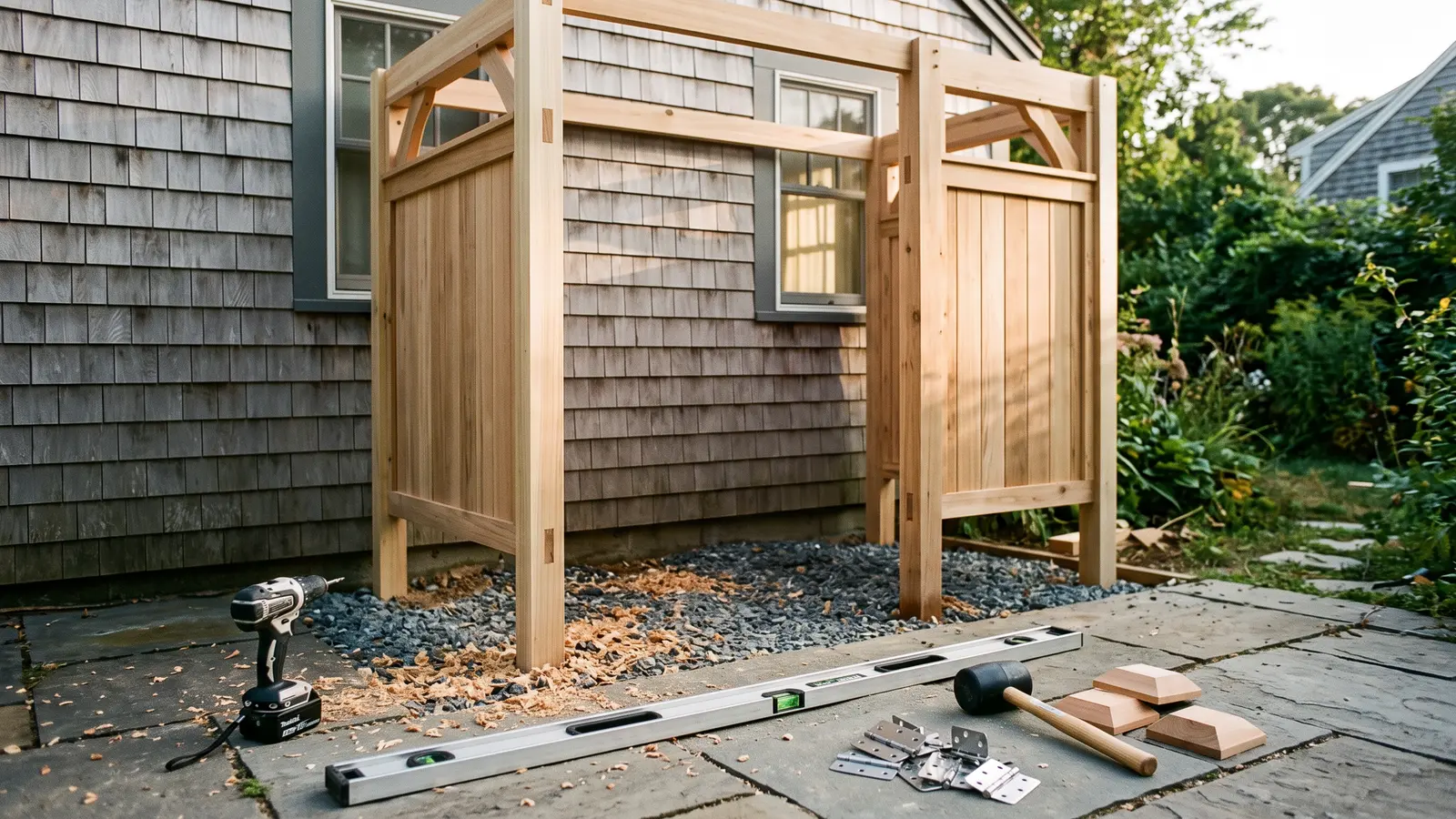 AI illustration of a partially assembled white-cedar outdoor shower enclosure against a shingled wall, with bluestone pavers, tools, and wood shavings in warm daylight