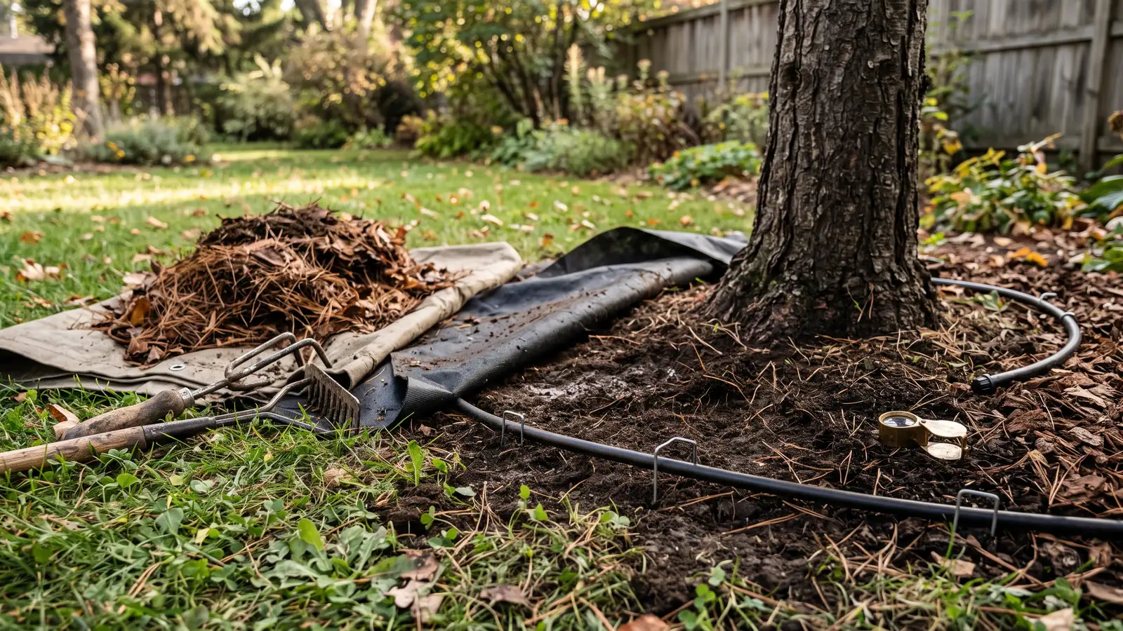 AI illustration of a red pine's base with landscape fabric pulled back, dead needles raked onto a tarp, and drip irrigation tubing stapled over thin mulch