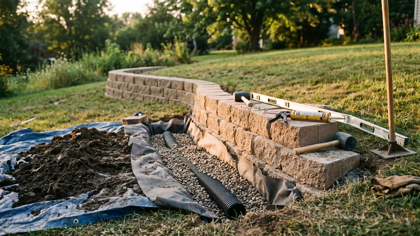 AI illustration of a partially built concrete-block retaining wall with perforated drainage pipe in gravel, filter fabric, and masonry tools resting in warm daylight