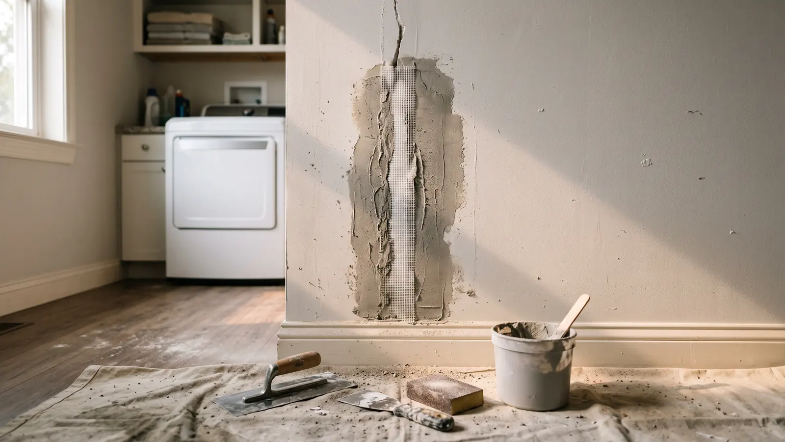 AI illustration of a drywall crack repair with mesh tape, joint compound, hand tools, and sanding dust on a drop cloth in a sunlit laundry room