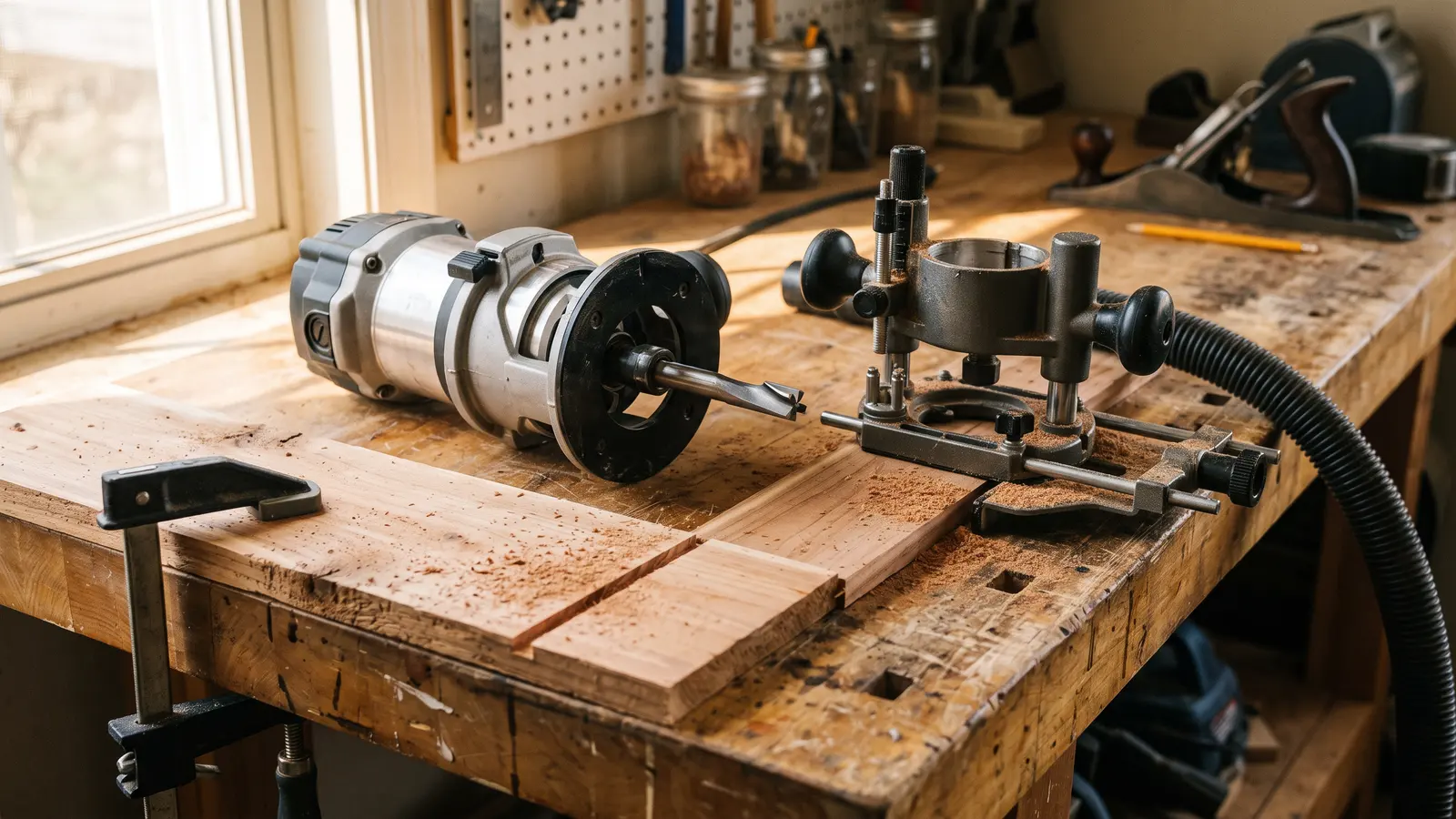 AI illustration of a benchtop router and plunge base beside a clamped cedar board with a shallow dado and sawdust on a workshop bench