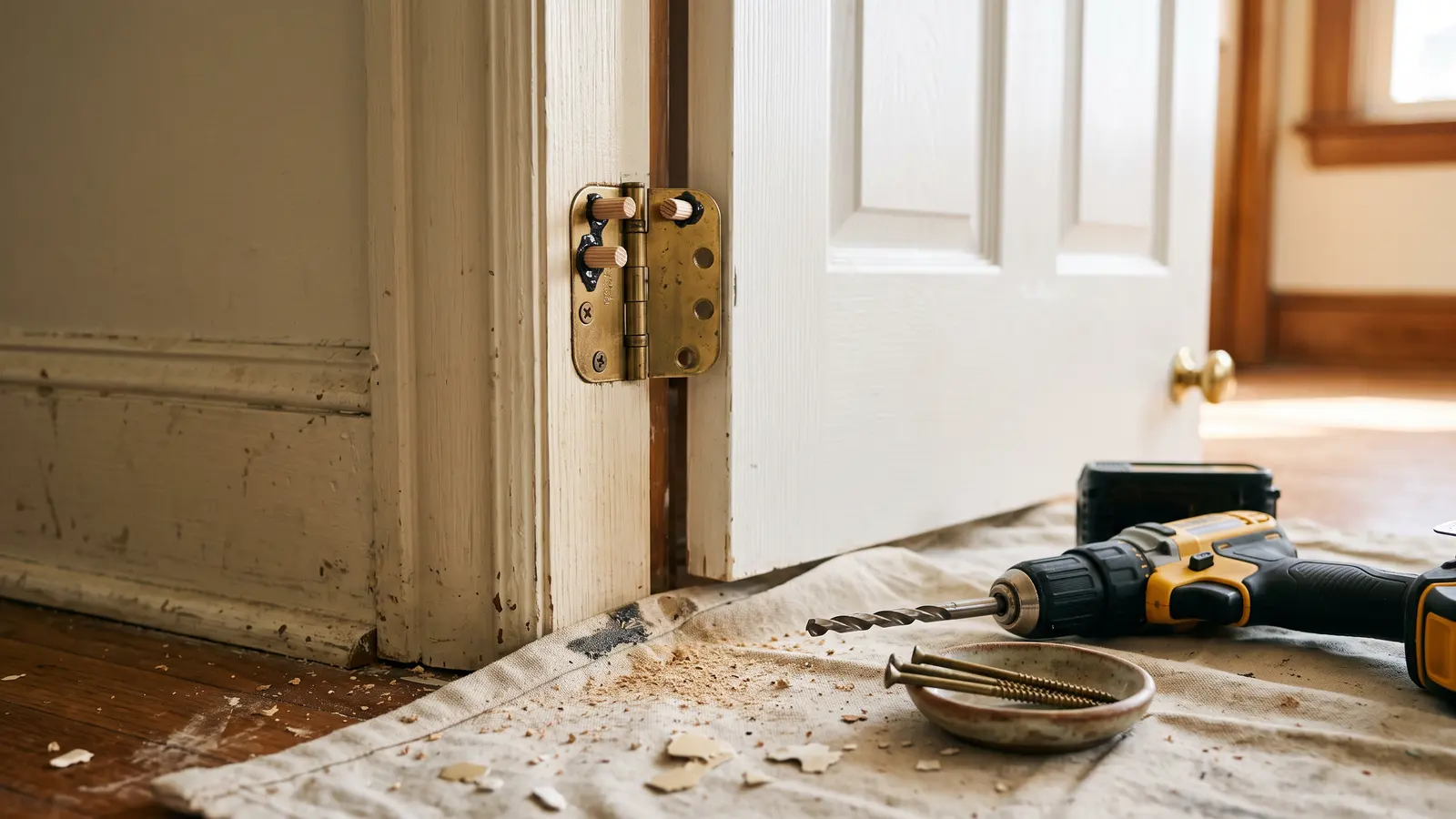 AI illustration of a close-up of an interior door hinge with wooden dowel plugs, epoxy, slotted screws, a drill, sawdust, and warm window light