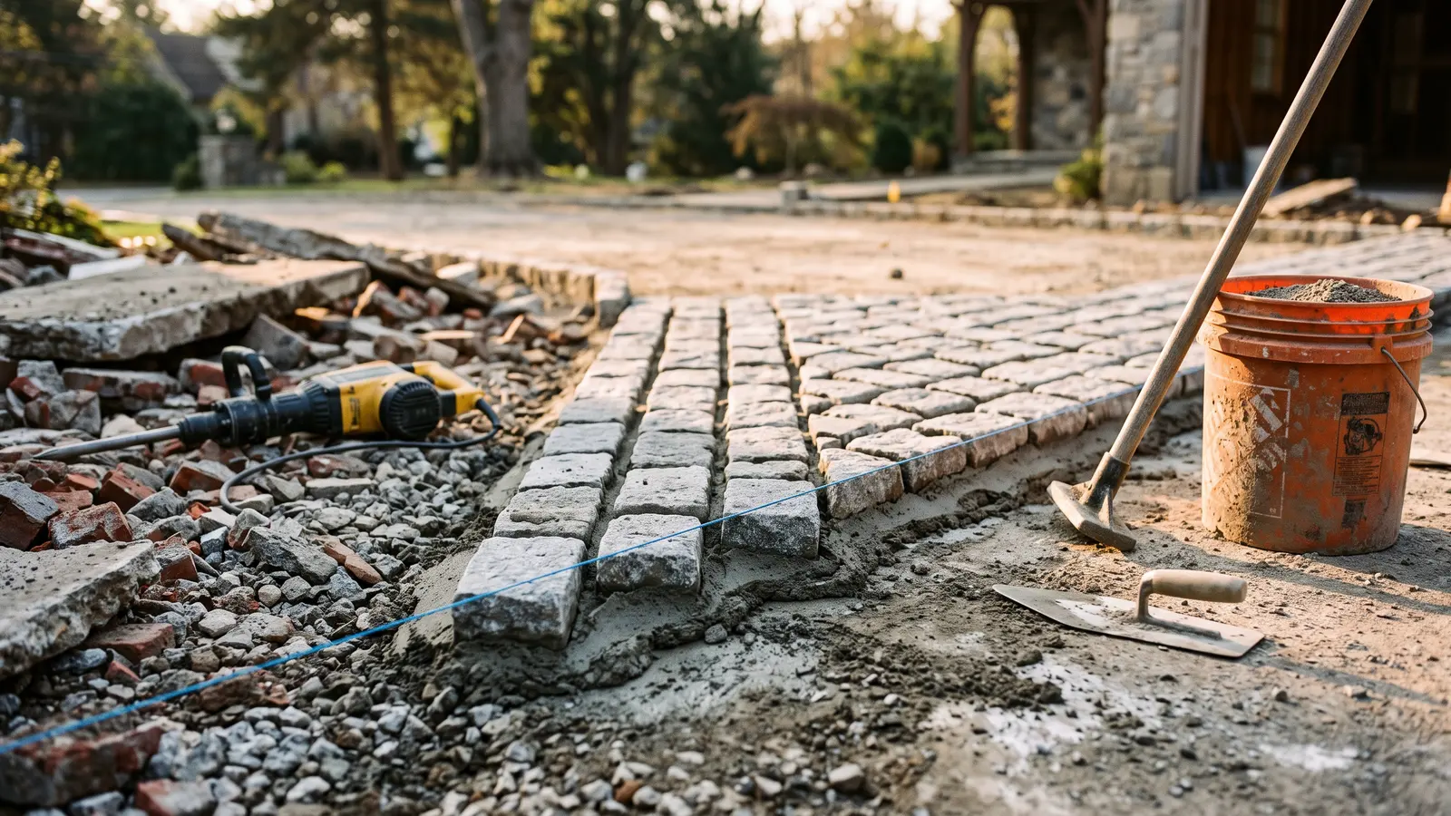 AI illustration of a driveway apron under renovation with broken brick rubble, a concrete base, granite cobblestones, and masonry tools in warm daylight