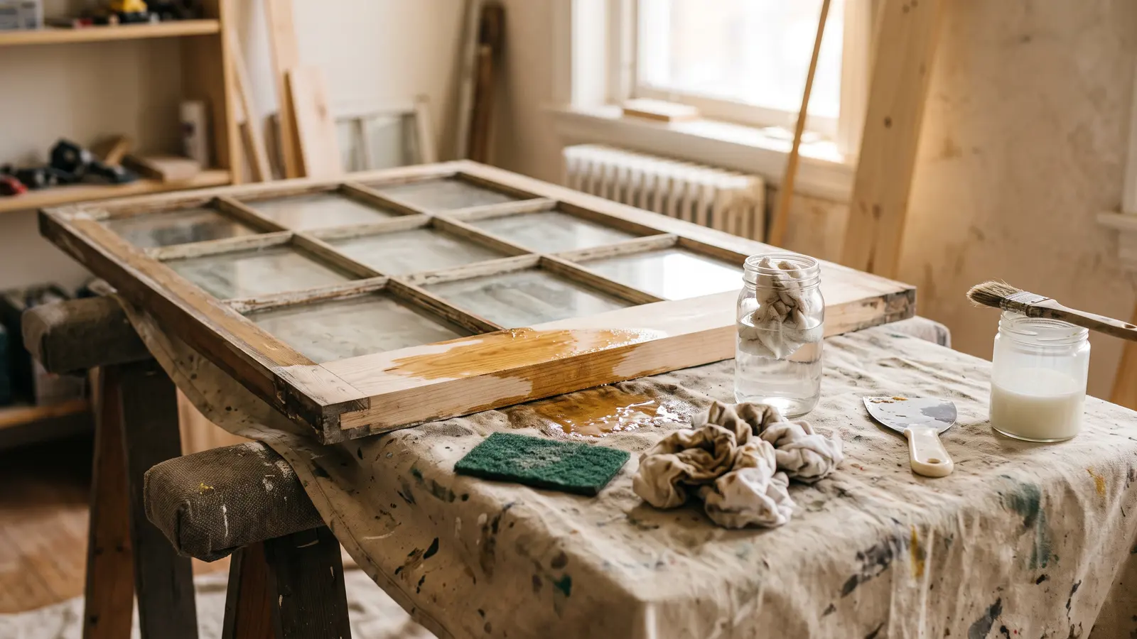 AI illustration of a wooden window sash on sawhorses with alcohol, rags, and dissolved shellac on a drop cloth
