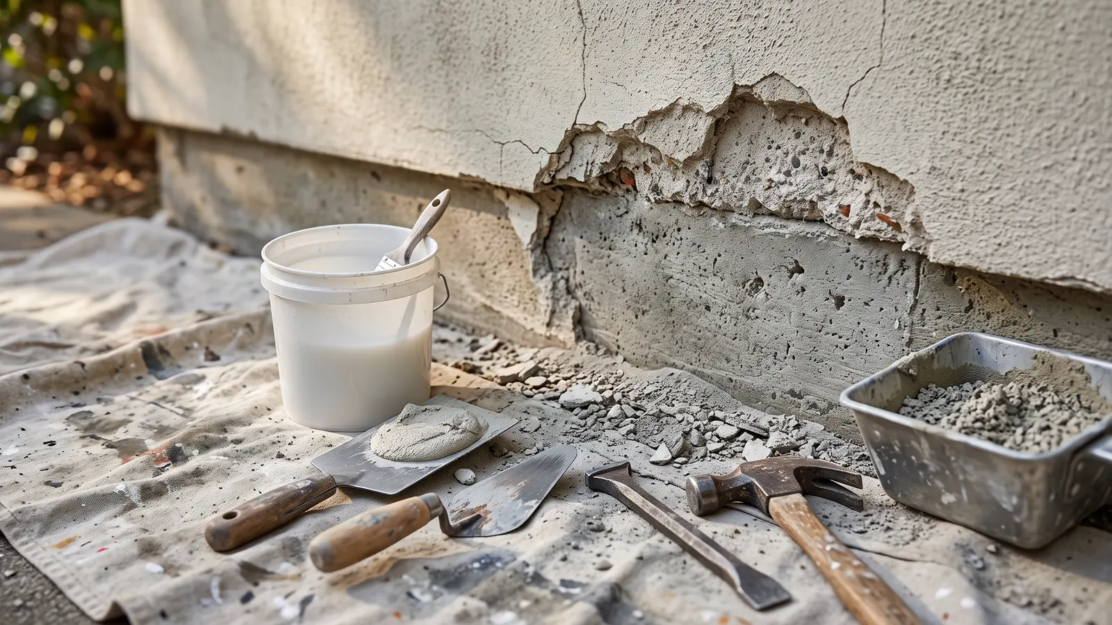AI illustration of a cracked stucco skirt above a concrete foundation with a bonding agent bucket and masonry tools beside a fresh patch