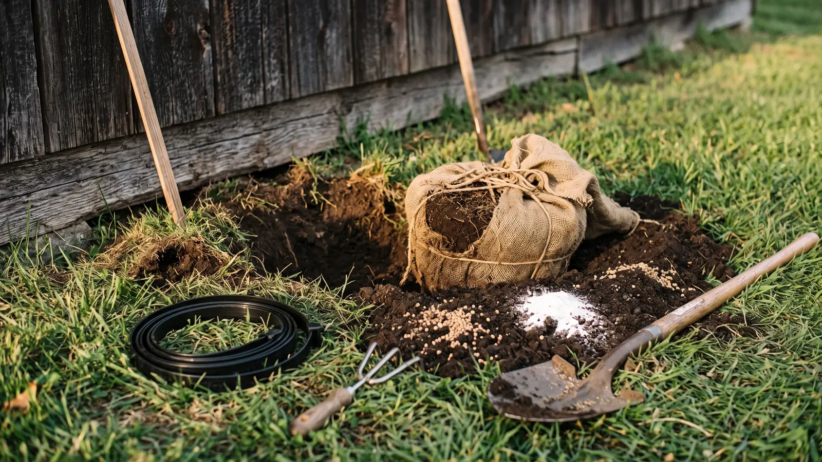 AI illustration of a half-dug planting hole with a burlap-wrapped root ball, fertilizer, a plastic tree tie, and hand tools beside a weathered barn