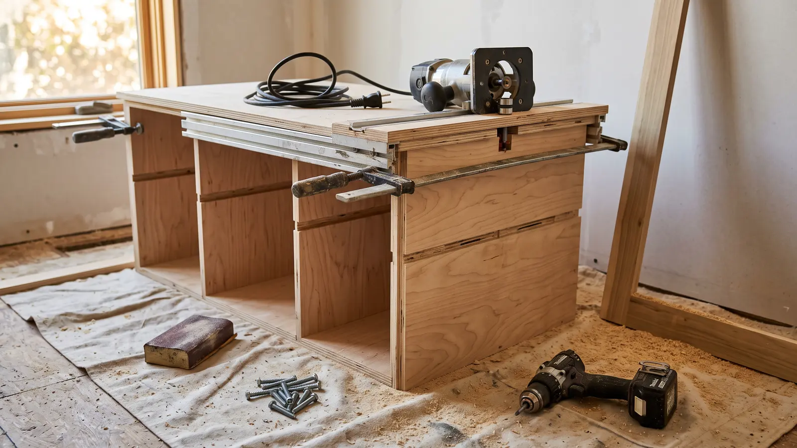 AI illustration of a mudroom in progress with clamped plywood locker sections, a router jig, tools, and sawdust in warm daylight