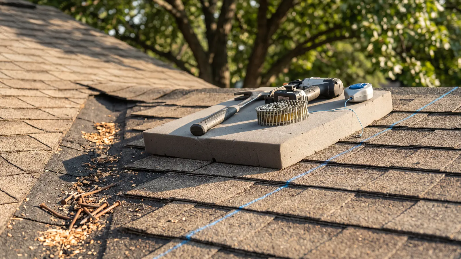 AI illustration of a foam roofing wedge holding tools on an asphalt shingle roof in warm daylight
