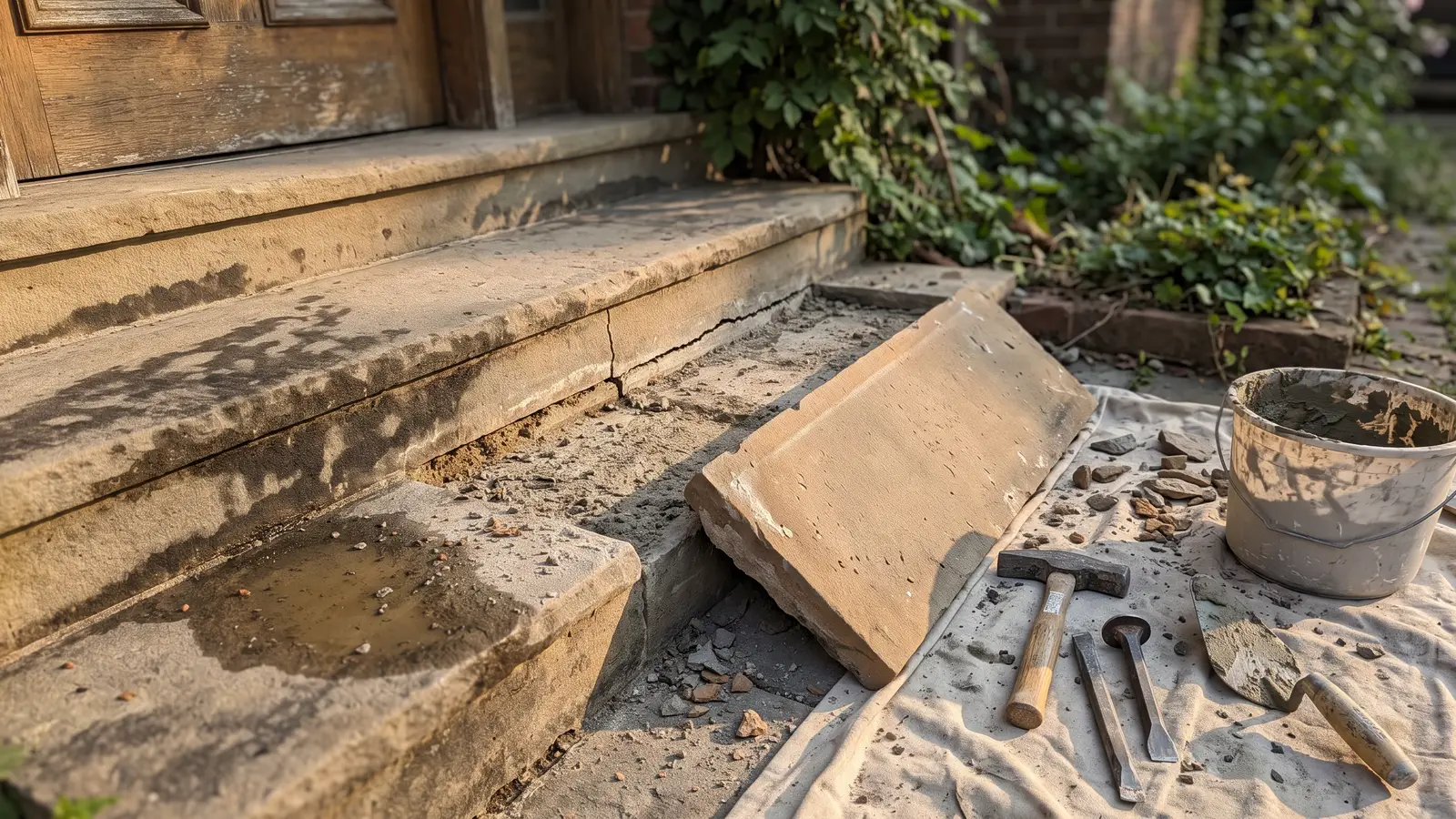 AI illustration of a stone step repair with a lifted tread, exposed mortar, a crack, masonry tools, and a bucket of mortar