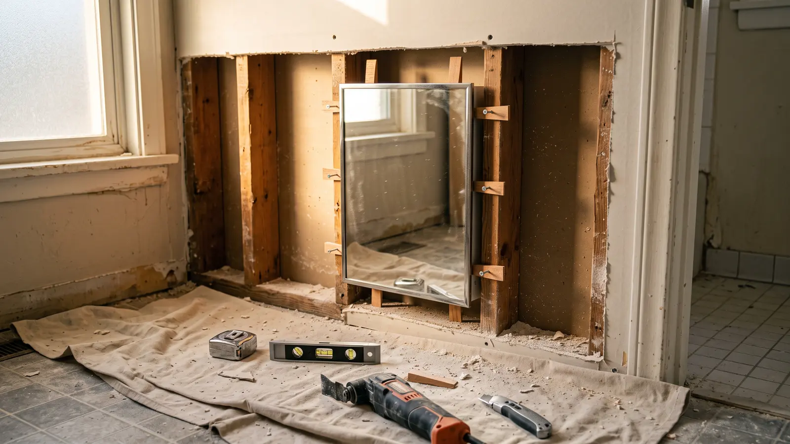 AI illustration of a recessed medicine cabinet dry-fitted into an open bathroom wall, with tools and drywall dust on a drop cloth