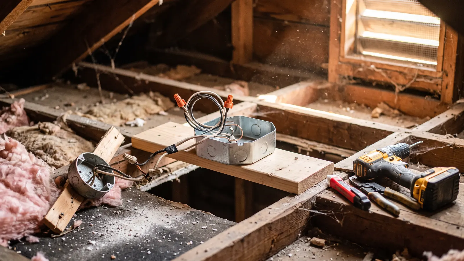 AI illustration of a dusty attic ceiling cavity with an octagonal fan box mounted to lumber blocking between joists, loose wires, and tools resting on joists in warm daylight