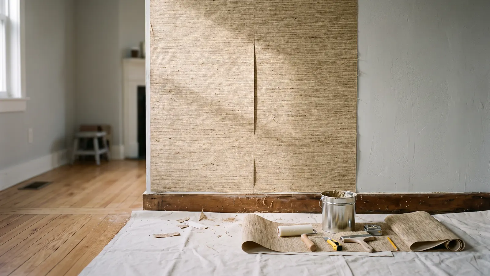 AI illustration of a half-installed grass cloth accent wall with an adhesive bucket, seam roller, and folded wallpaper strip in a sunlit pale room