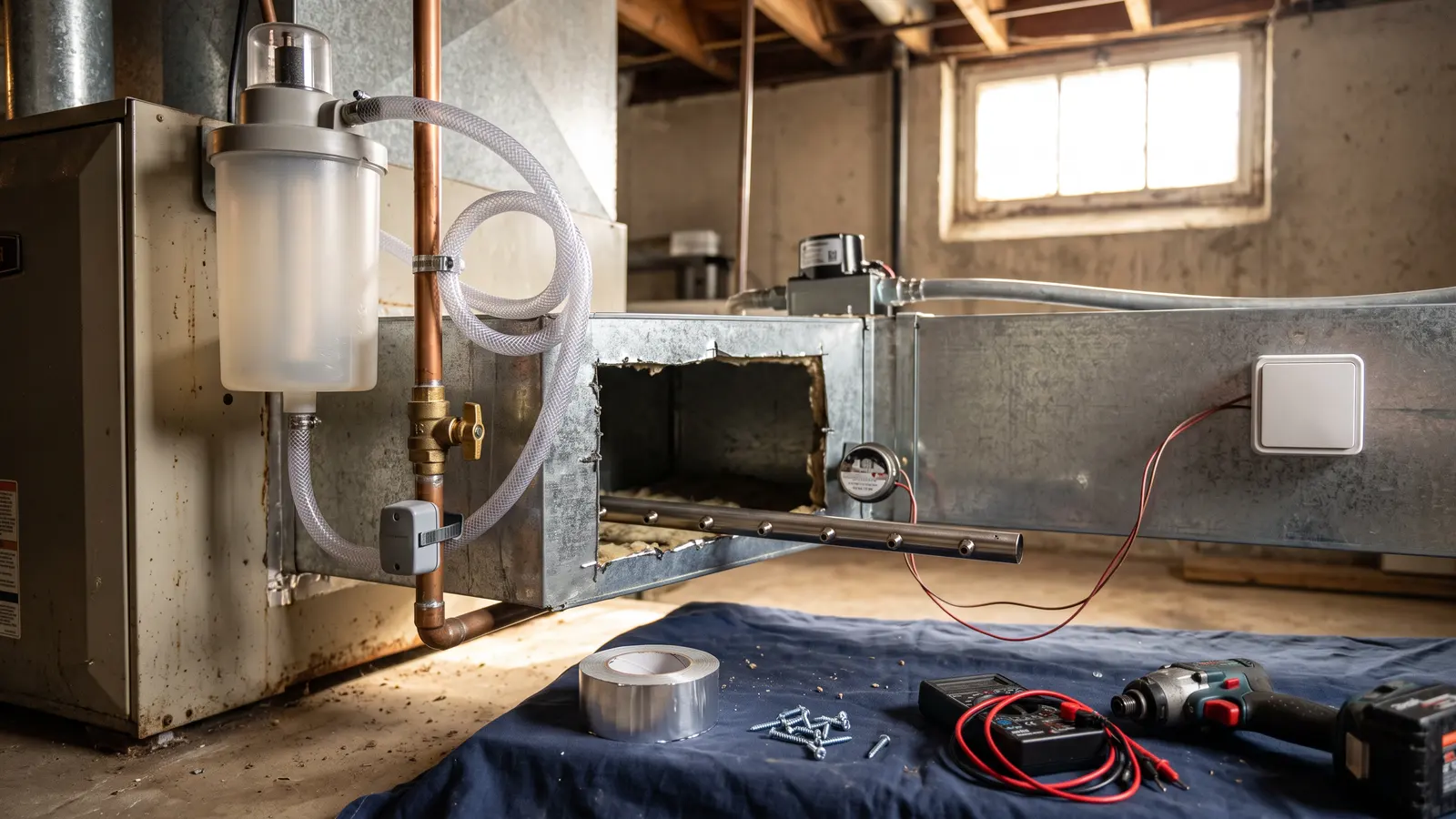 AI illustration of a basement mechanical room with a steam humidifier, copper waterline, open duct, and tools left mid-installation