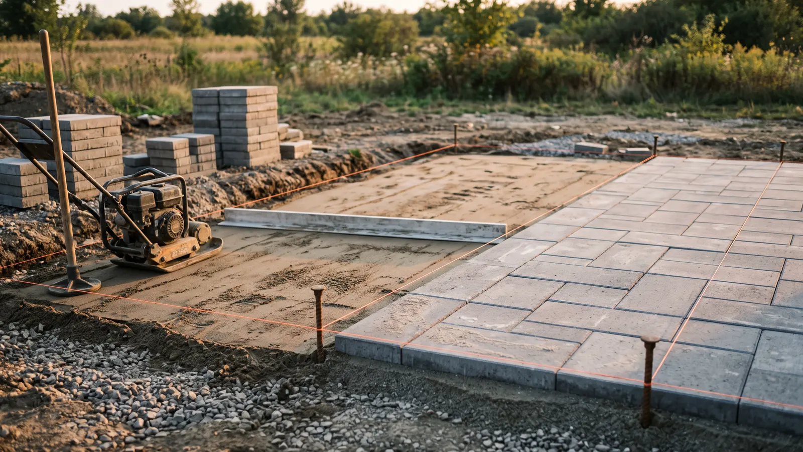 AI illustration of a half-finished paver patio with string lines, metal posts, sand screed, compactor, and sorted paver stacks on bare ground in warm daylight