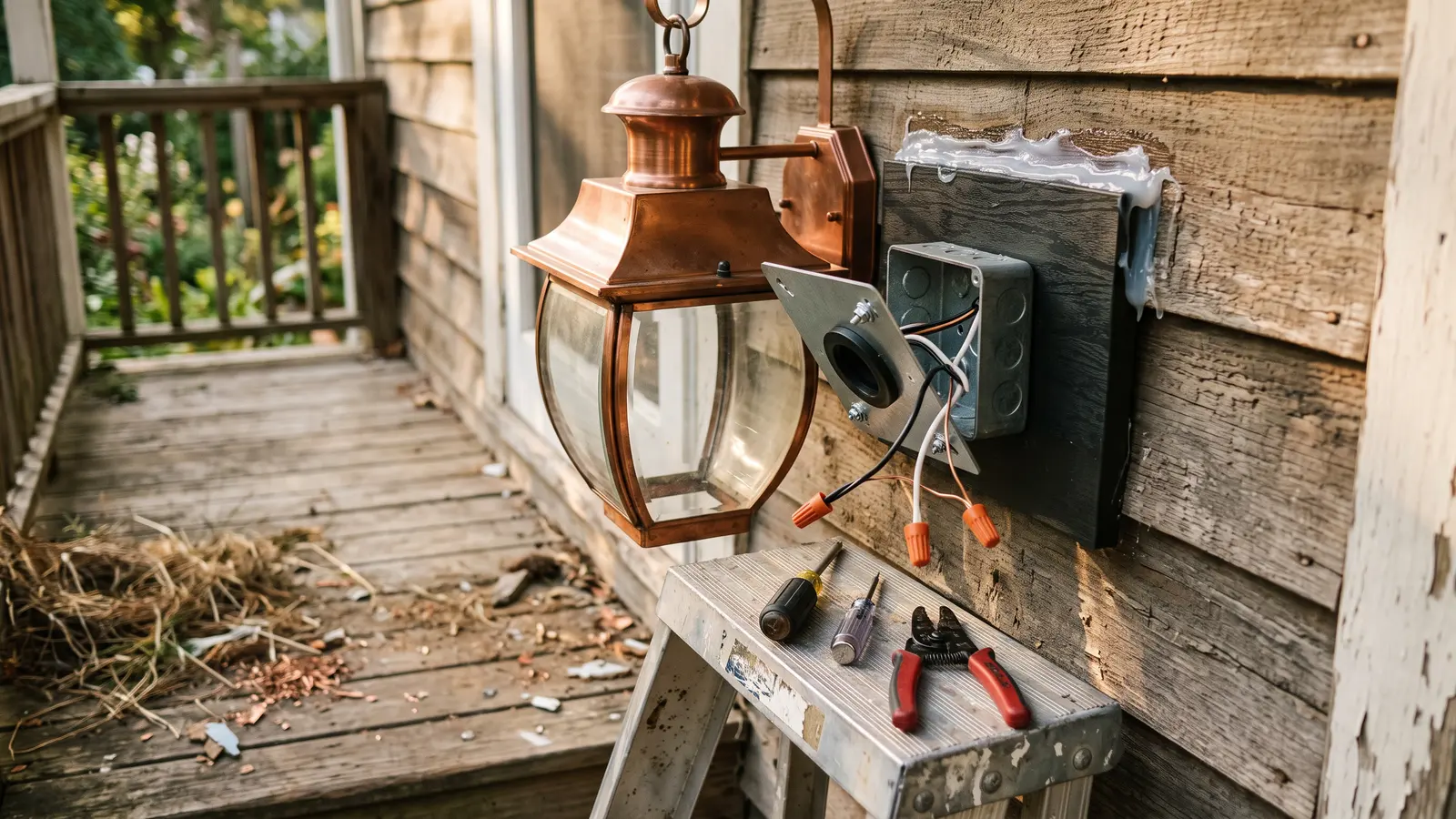 AI illustration of a copper lantern and mounting block on weathered lap siding, with exposed wiring, silicone, and tools on a ladder