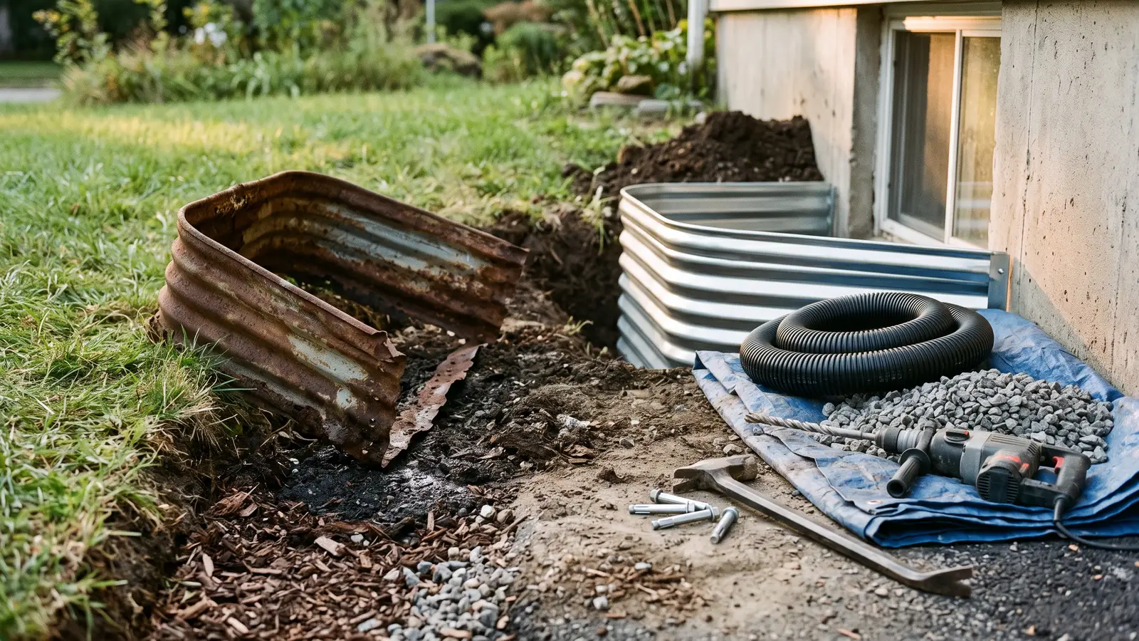 AI illustration of a rusted window well beside a new galvanized steel well, drainage gravel, and tools at a basement foundation wall