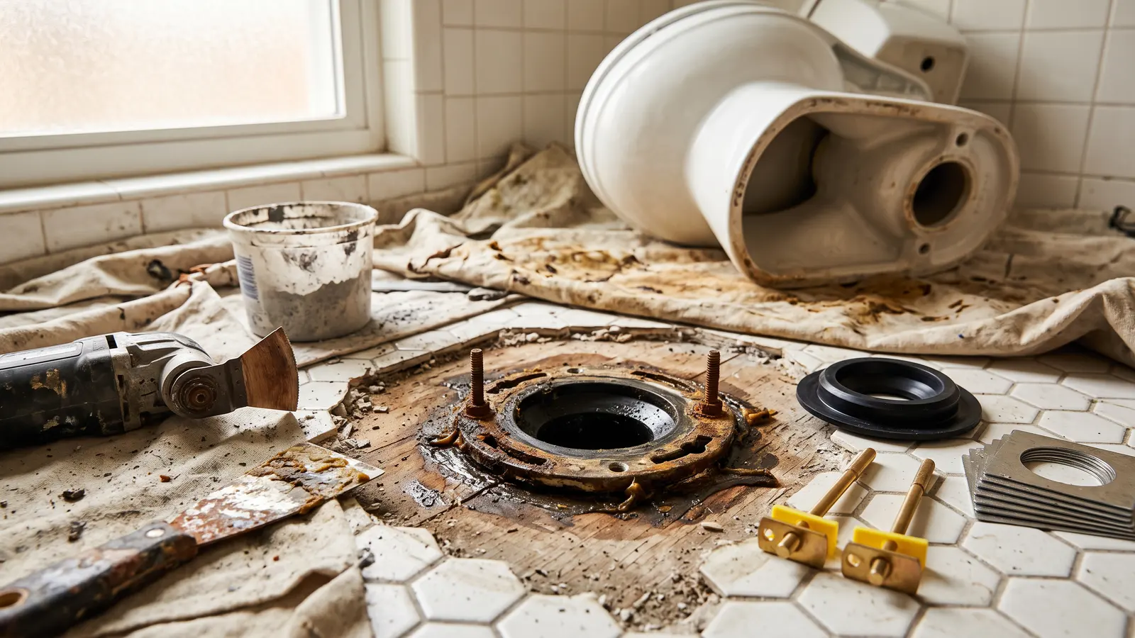 AI illustration of a bathroom mid-repair with a removed toilet, exposed closet flange, wax residue, and plumbing tools on a drop cloth