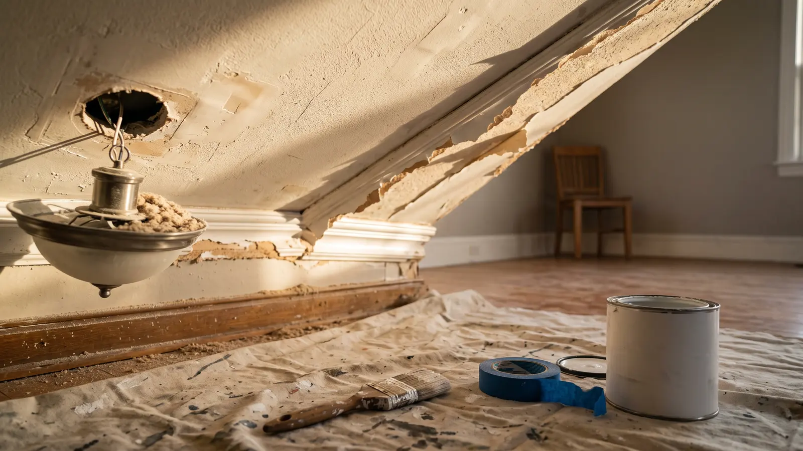 AI illustration of a living room ceiling with torn paint at the crown molding, a roll of painter's tape, and an angled brush on a drop cloth