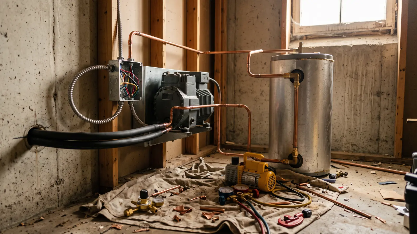 AI illustration of a basement mechanical room with a split heat pump water heater mid-install, copper tubing, metal-clad cable, and tools on a drop cloth