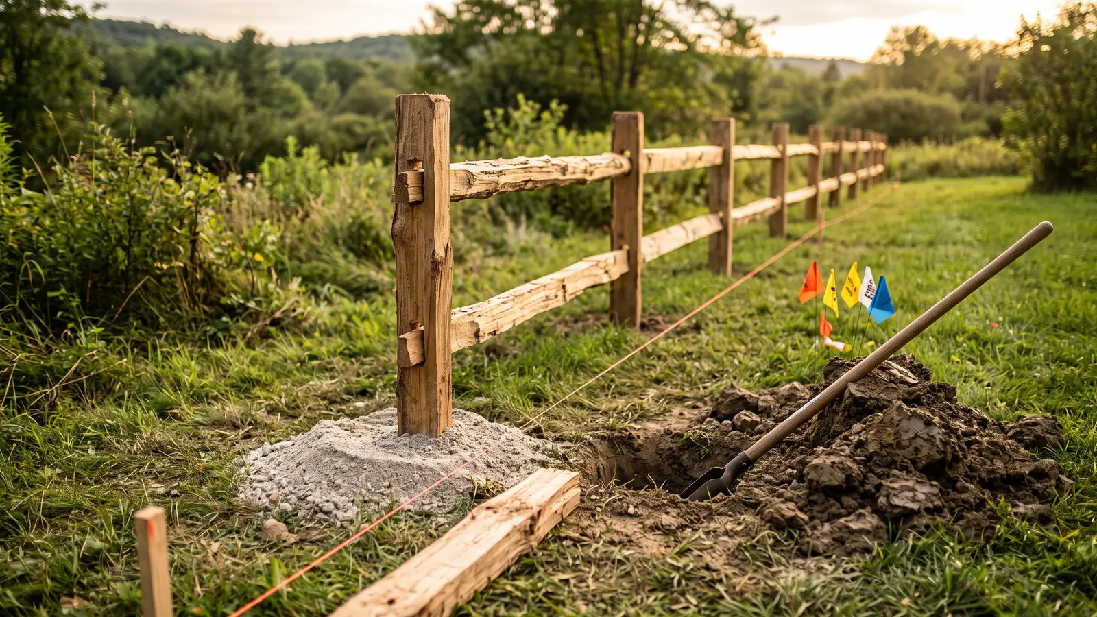 AI illustration of a half-built cedar split-rail fence with an open posthole, stone dust, string line, and digging tools in warm afternoon light