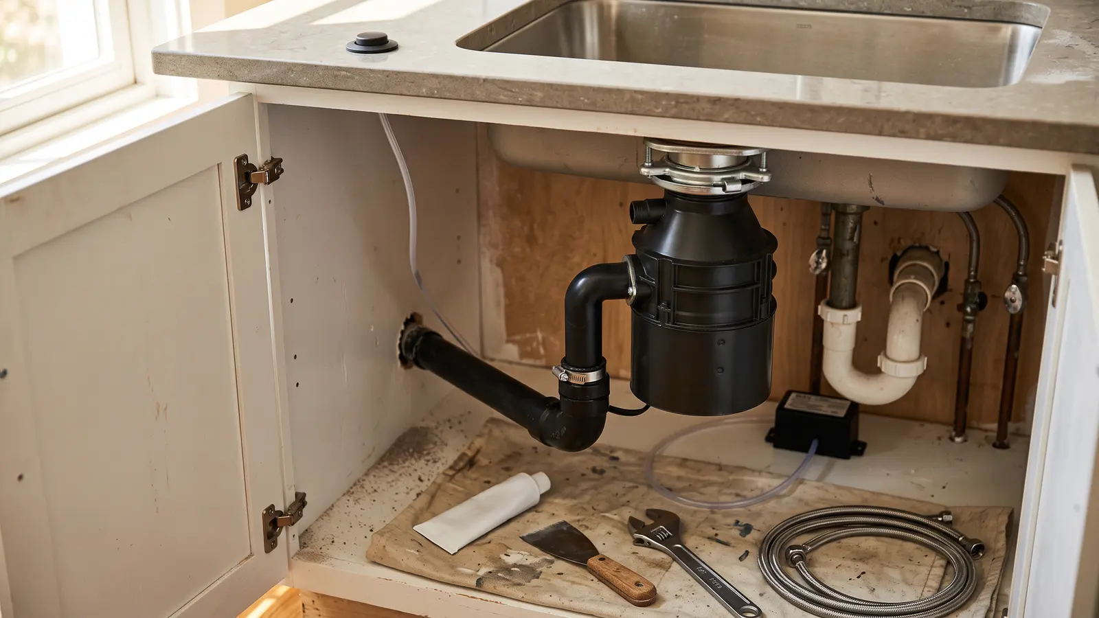 AI illustration of an open kitchen sink cabinet with an unbranded garbage disposal, a small air-switch button on the stone counter, and tools on a drop cloth beneath