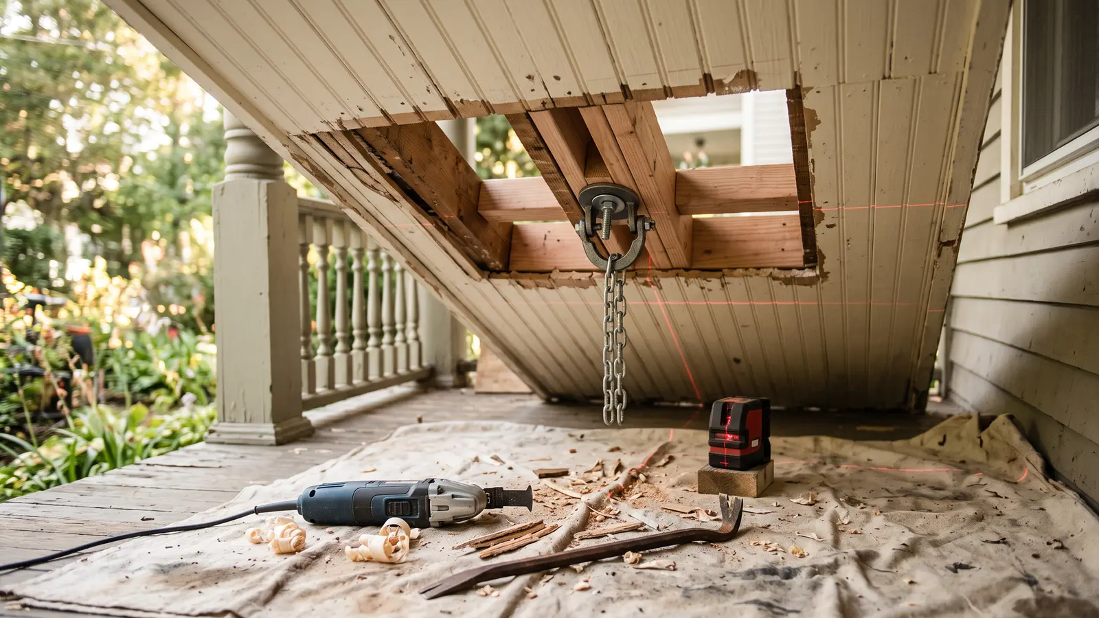 AI illustration of a porch ceiling opened to expose joists and new blocking, with a swing hanger, chain, pry bar, and oscillating tool left on a dusty drop cloth