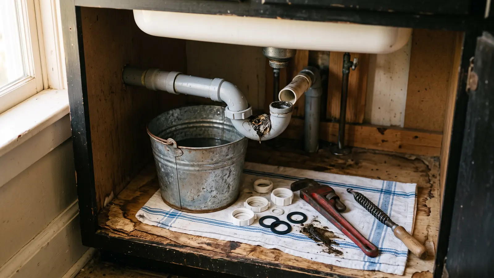 AI illustration of an open kitchen sink cabinet with a disconnected drain trap, tools, and debris in a bucket