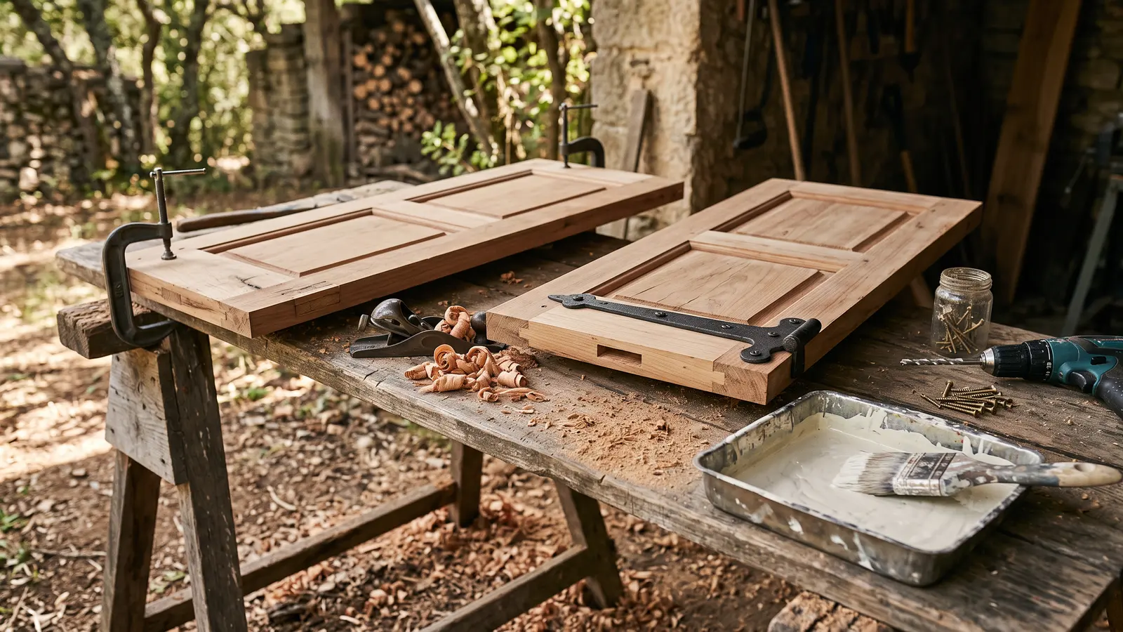 AI illustration of spanish cedar shutter leaves on sawhorses with a block plane, cast-iron hinge, Dutchman patch, primer tray, and wood dust in warm daylight