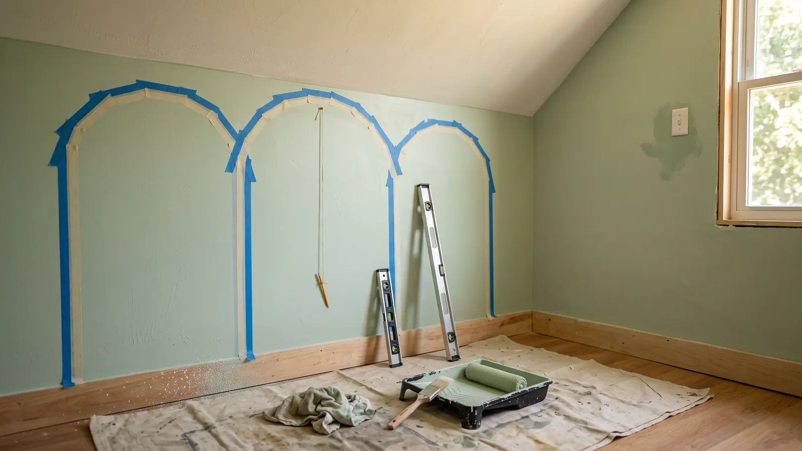 AI illustration of a nursery accent wall partly painted with two arch outlines marked in low-tack tape, with a level, string, roller, and wet rag left on a drop cloth