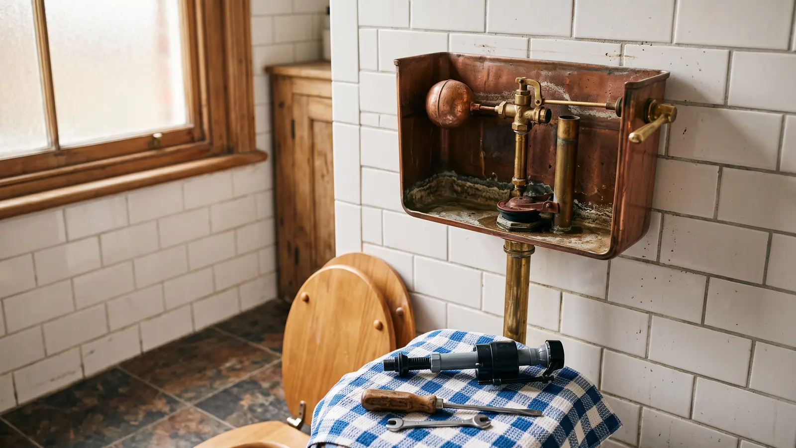 AI illustration of an open copper-lined wooden toilet tank with vintage plumbing parts and a screwdriver on a bathroom floor in daylight