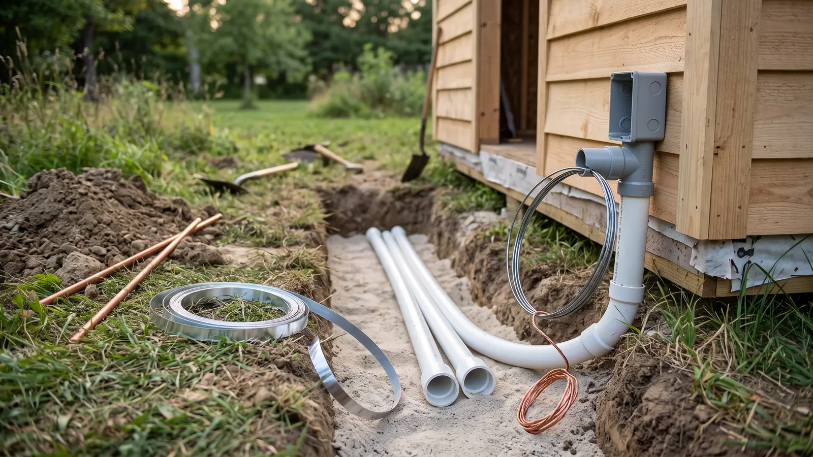 AI illustration of a trench with PVC conduit on a sand bed beside a shed, with ground rods, metallic tracing ribbon, and an LB fitting