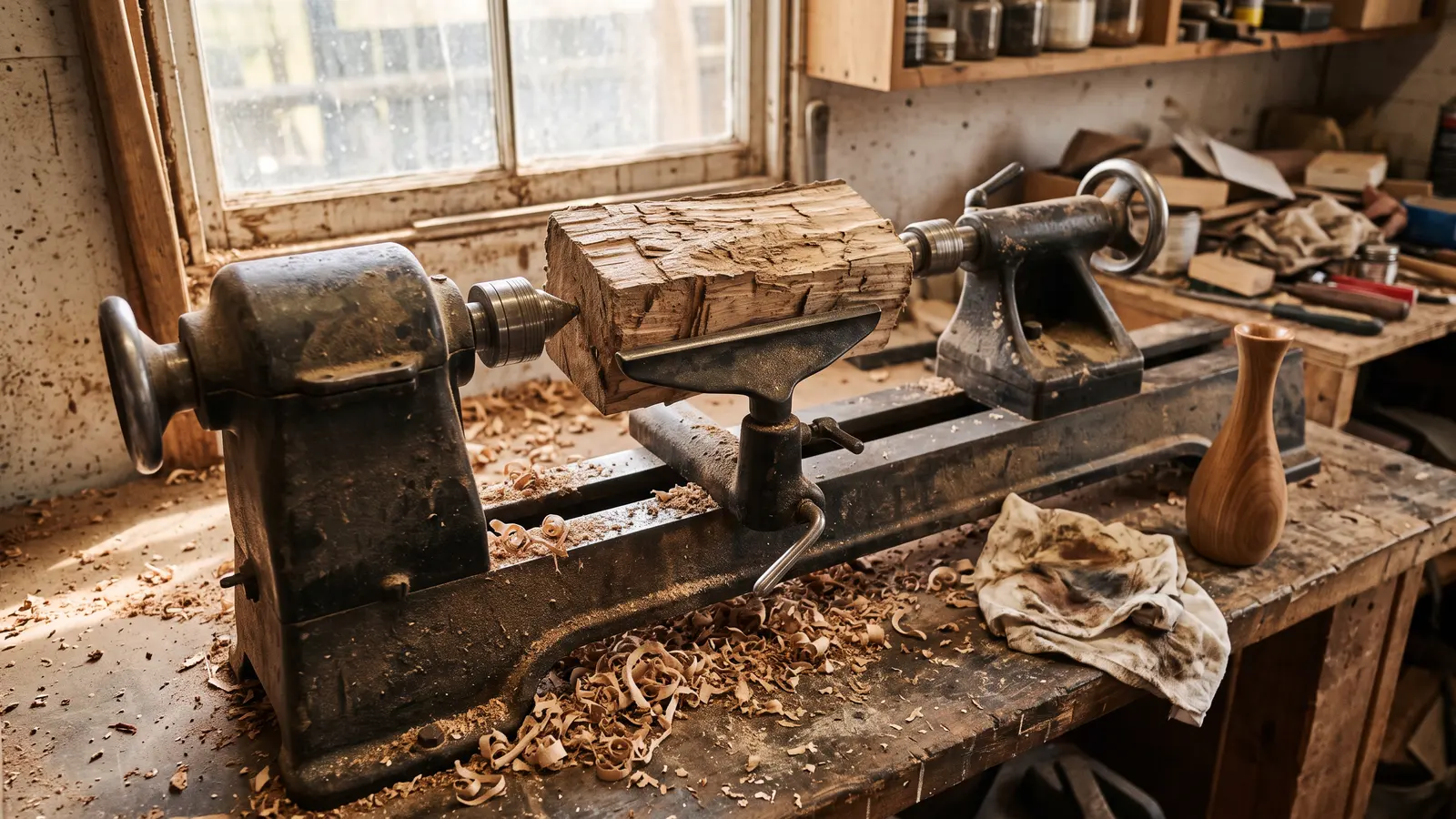 AI illustration of a woodturning lathe with a rough firewood blank mounted, a gouge on the tool rest, curled shavings, and a small turned bud vase in a sunlit workshop