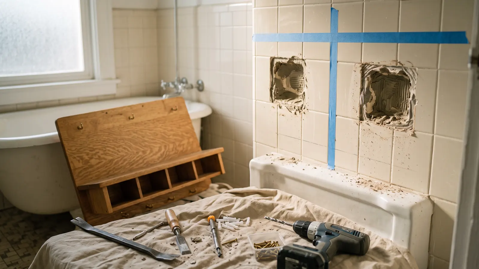 AI illustration of a small vintage bathroom wall with removed ceramic fixtures, mastic-scarred tile, a pry bar, and a quarter-sawn white oak shelf waiting nearby