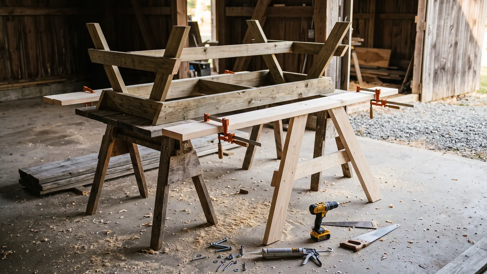 AI illustration of an unfinished picnic table in a barn bay with new two-by-eight seat planks, a twenty-five-degree A-frame leg, tools, sawdust, and warm afternoon light